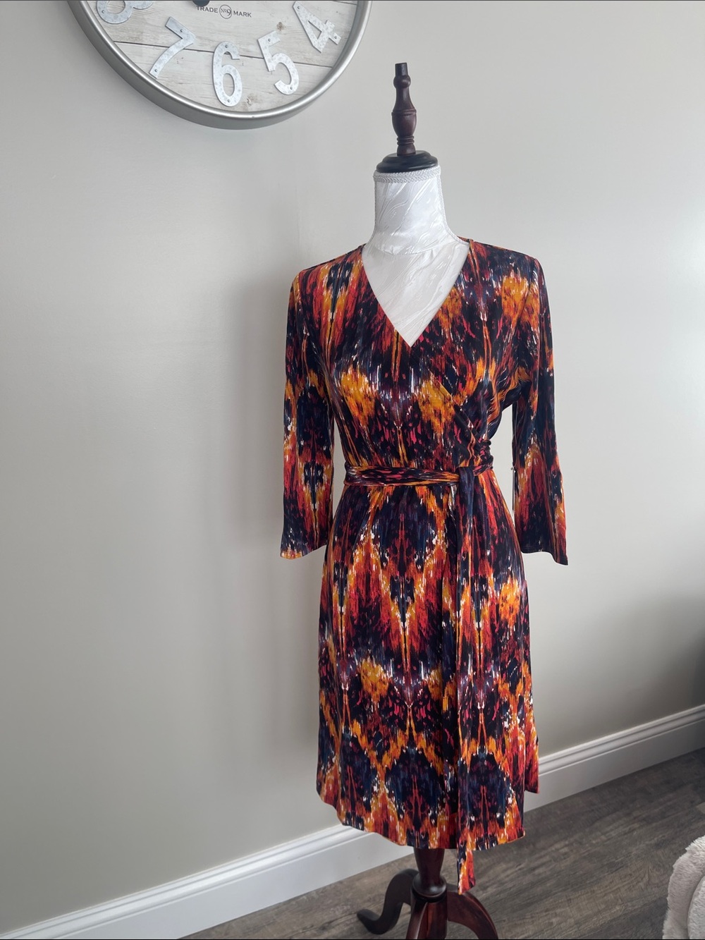 LuLaRoe Multicolor V-Neck Belted Midi Dress in Black, Orange, Yellow